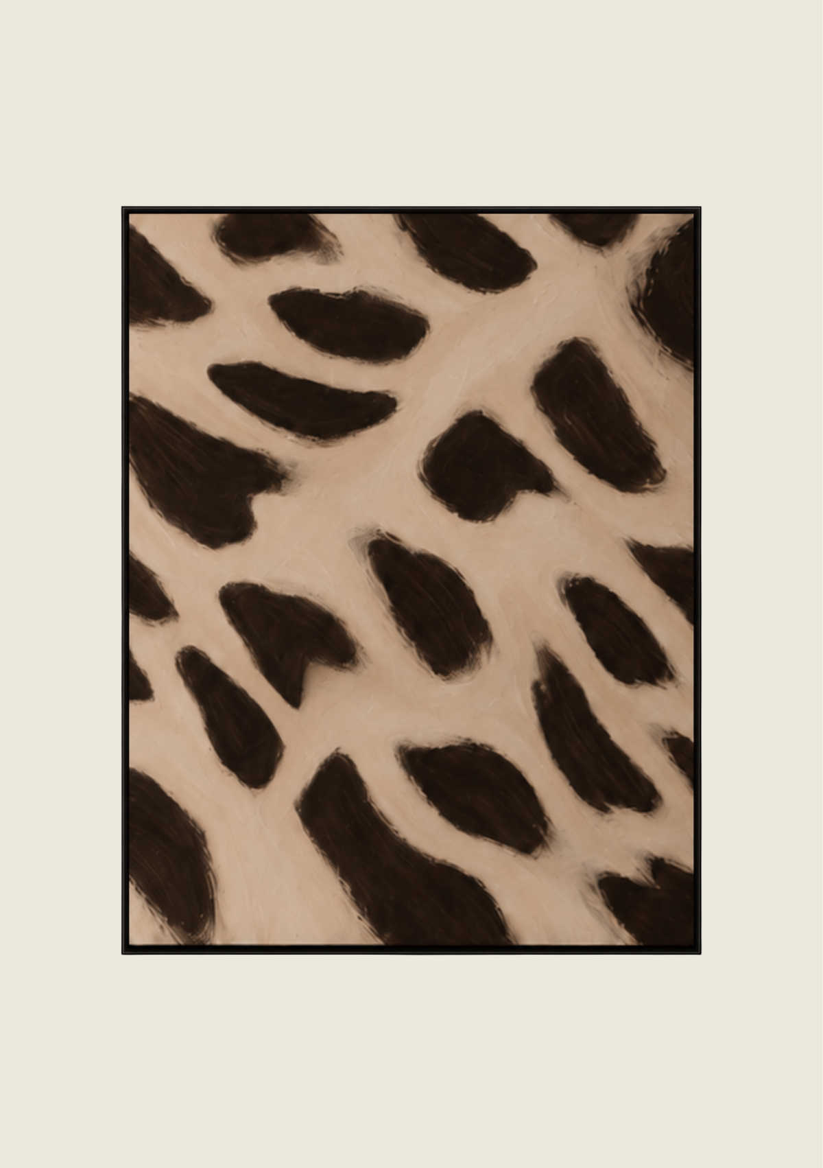 Cheetah, an abstract animal print painting featuring irregular dark brown and black brushstrokes on a warm beige background, framed in black.