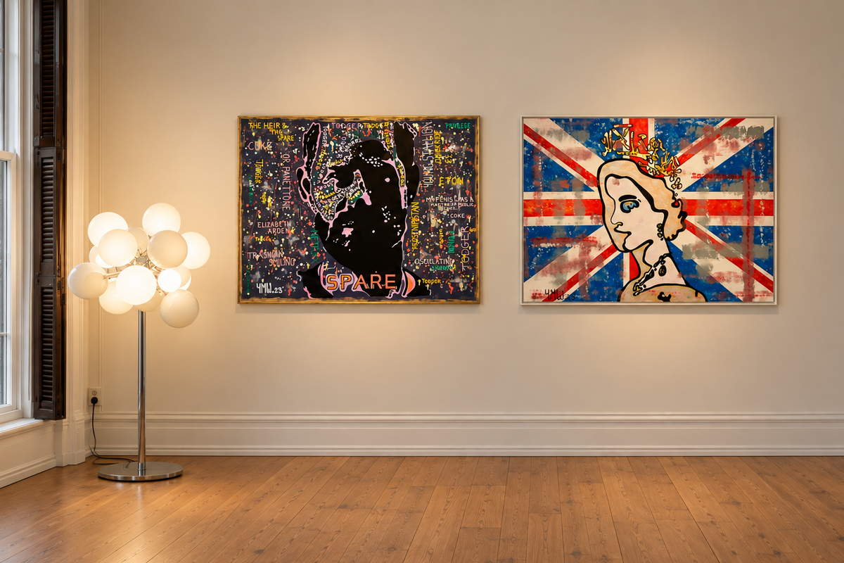 Yannick Weinberger's abstract painting 'The Queen' and 'The Spare'. Original wall art inspired by British monarchy.