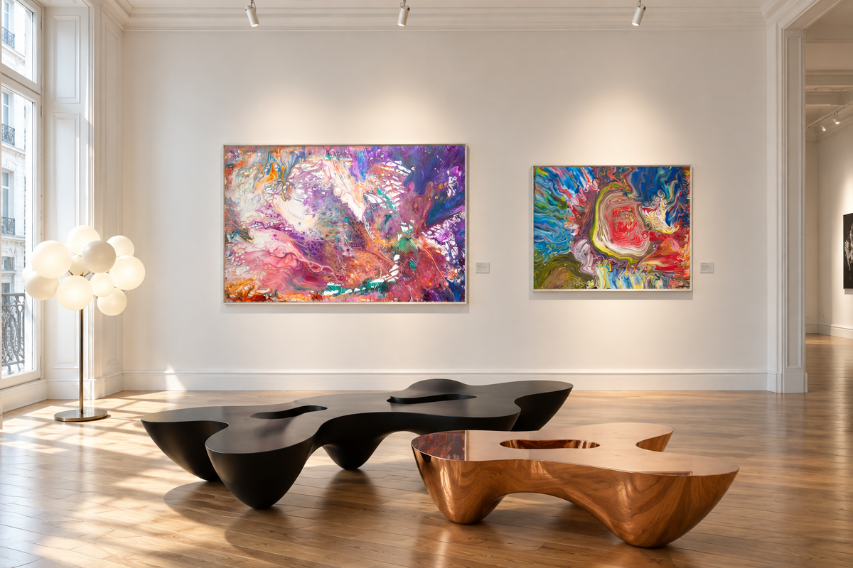 Mario Sanchez’ abstract wall art ‘Turbulence’ and ‘Cleopatra’ Fluid art painted on canvas.