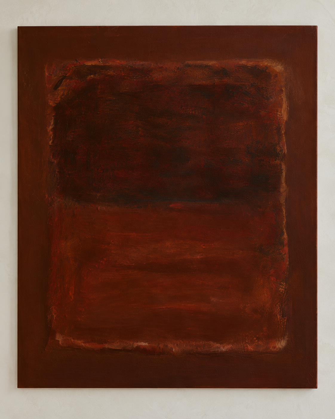 Umbre, a textured abstract painting in deep burgundy, rust red and burnt sienna, featuring a dark central composition with irregular layered edges.