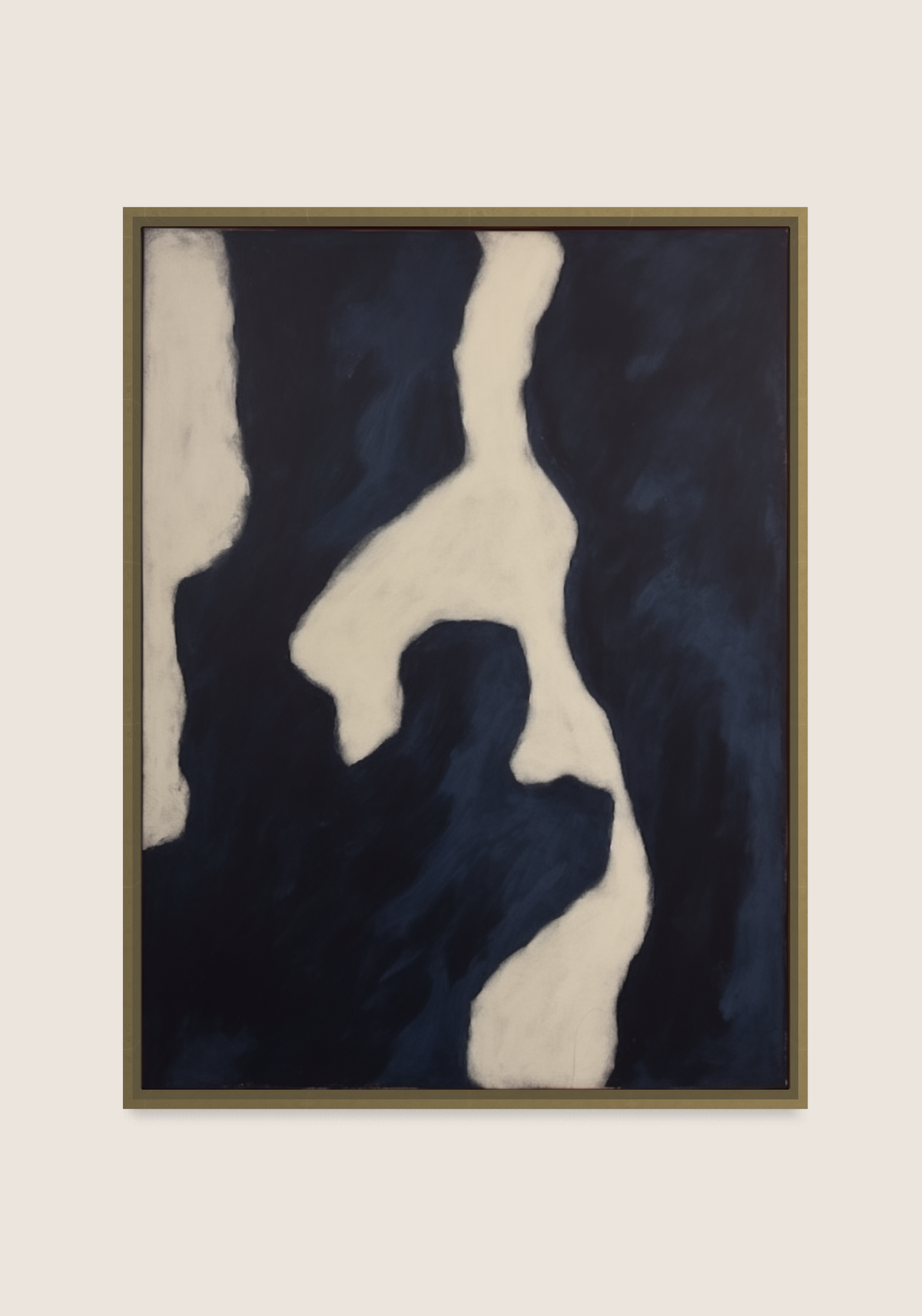 An abstract framed painting featuring organic, fluid shapes in cream and deep navy blue, painted in our Amsterdam studio