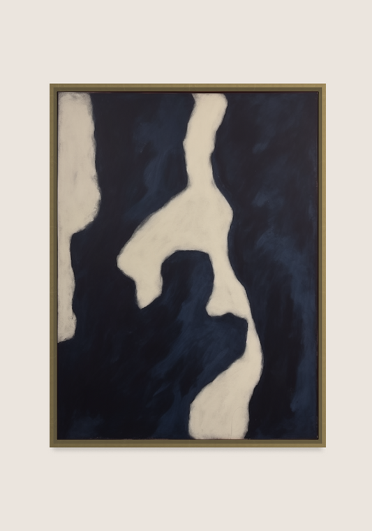 An abstract framed painting featuring organic, fluid shapes in cream and deep navy blue, painted in our Amsterdam studio