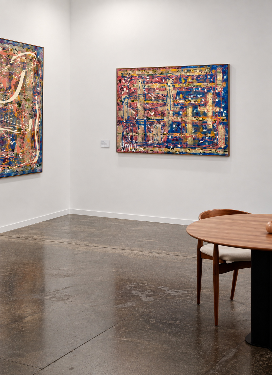 Yannick Weinberger’s artworks in the gallery, abstract mixed media colourful painting