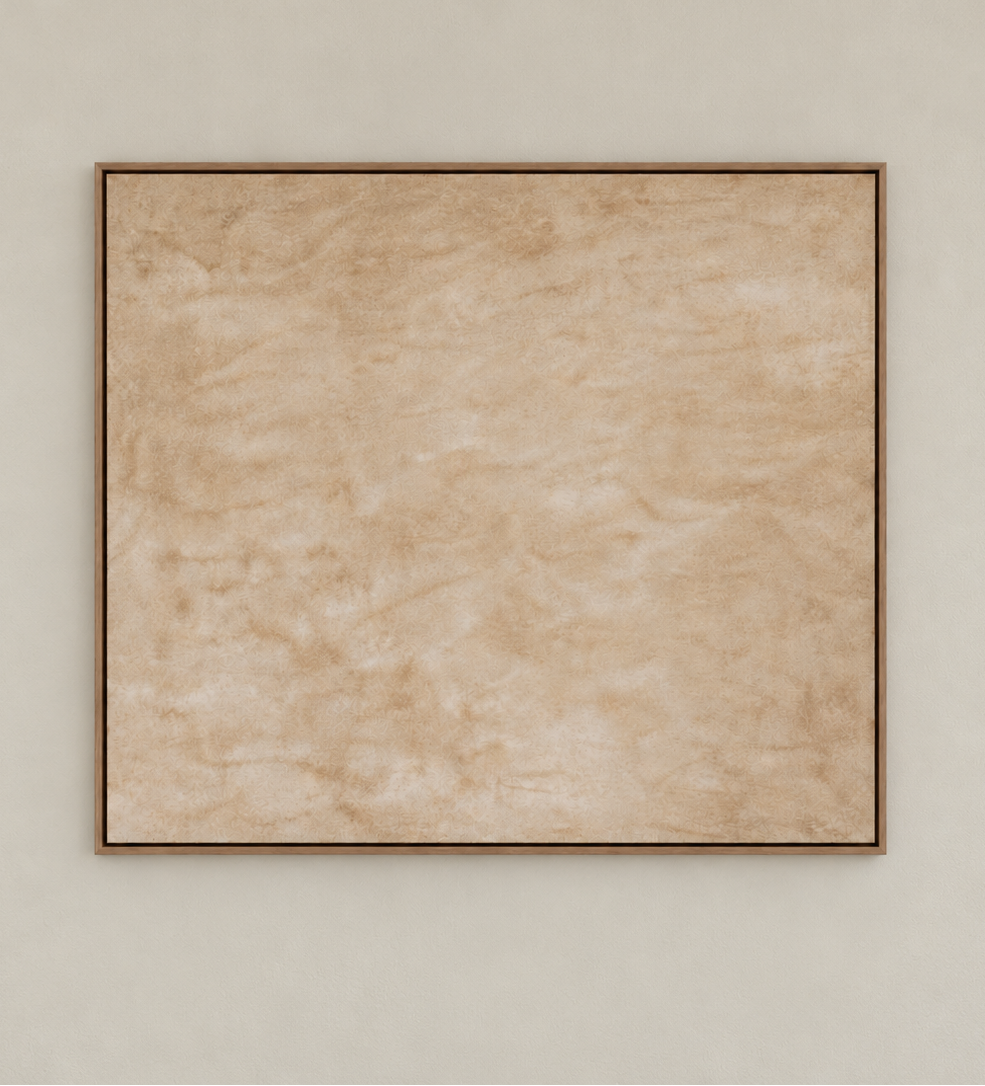 Dune Mist, a minimalist beige abstract painting featuring soft sandy tones, delicate mottled textures and subtle ivory variations, framed in natural wood.