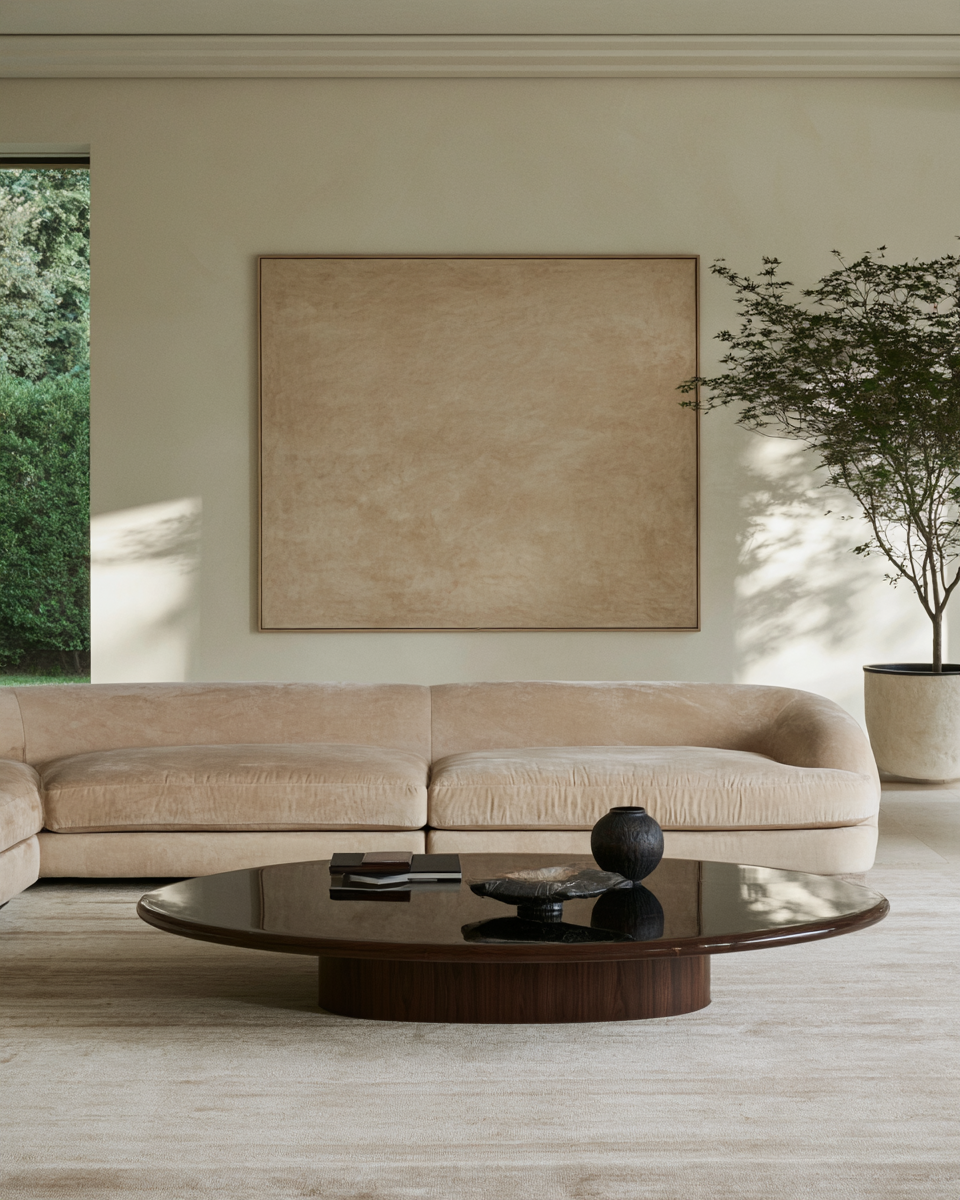 Dune Mist beige abstract painting in a natural wood frame, displayed above a curved cream sofa in a contemporary neutral living room.