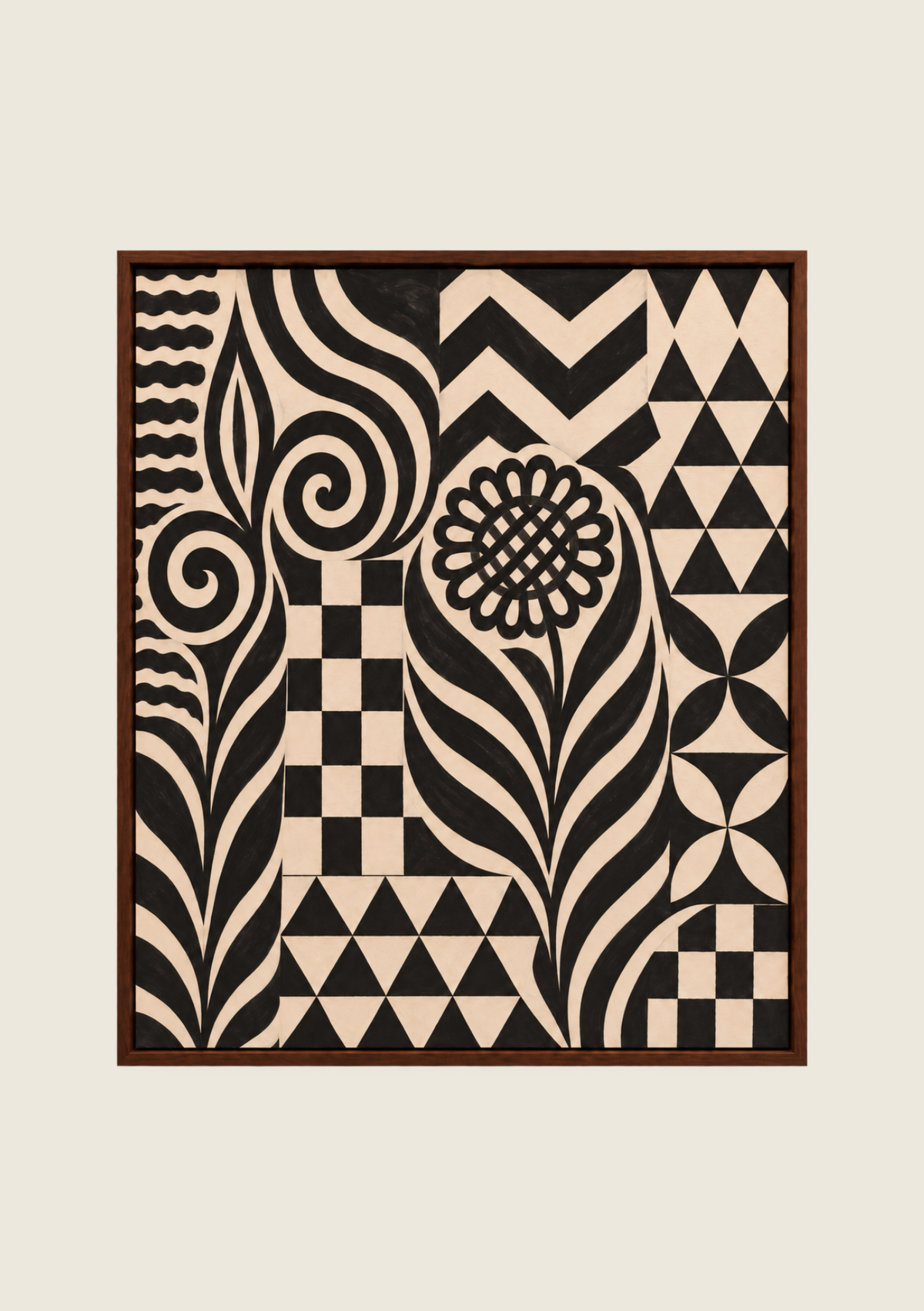 Fez, a black and ivory abstract oil painting inspired by Moroccan ceramic tile patterns, featuring geometric shapes, spirals and floral motifs in a wooden frame.