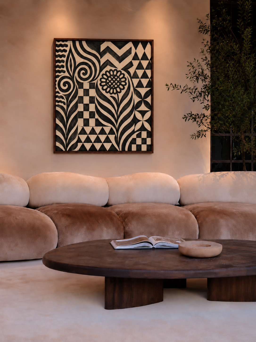 Fez, a black and ivory abstract oil painting inspired by Moroccan ceramic tile patterns, featuring geometric shapes, spirals and floral motifs in a wooden frame.