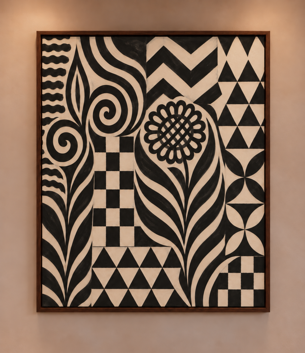 Fez, a black and ivory abstract oil painting inspired by Moroccan ceramic tile patterns, featuring geometric shapes, spirals and floral motifs in a wooden frame.