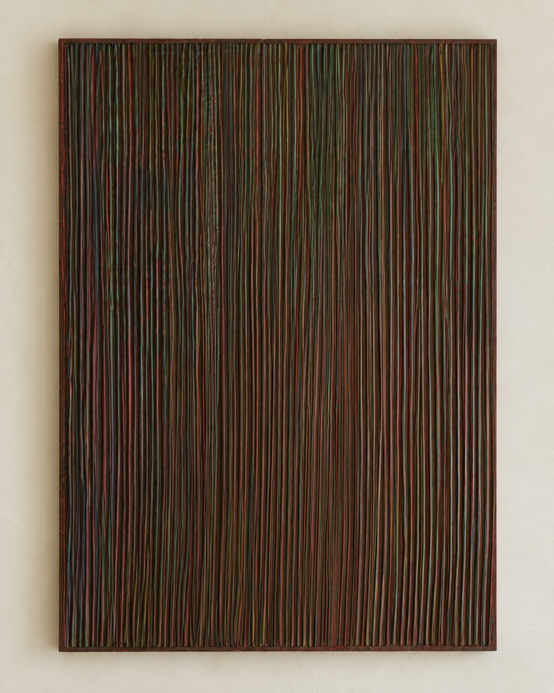 Strata, a textured abstract painting with fine vertical raised lines in dark green, burgundy, bronze and earthy tones, framed in dark wood.