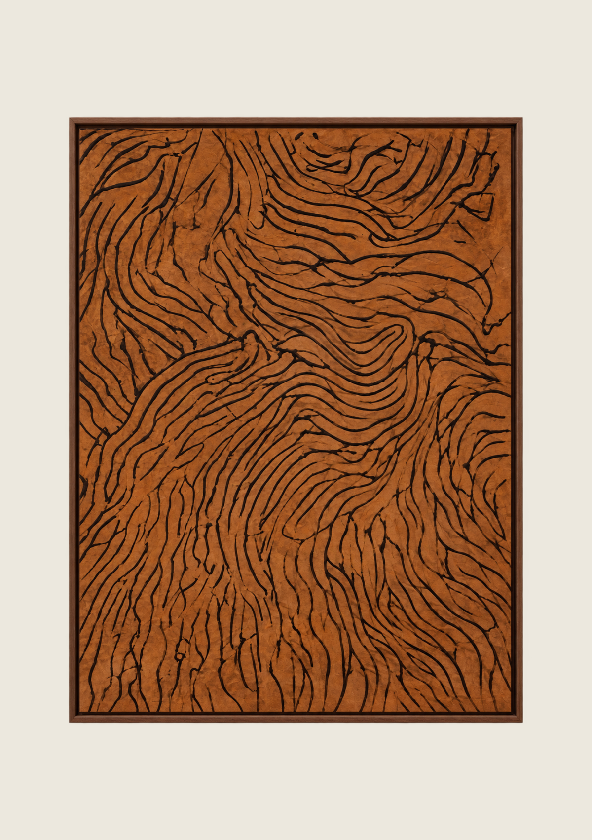 Terracotta Veins, a large textured abstract painting with flowing black lines on a warm rust-brown surface, framed in dark wood above a brown leather sofa.