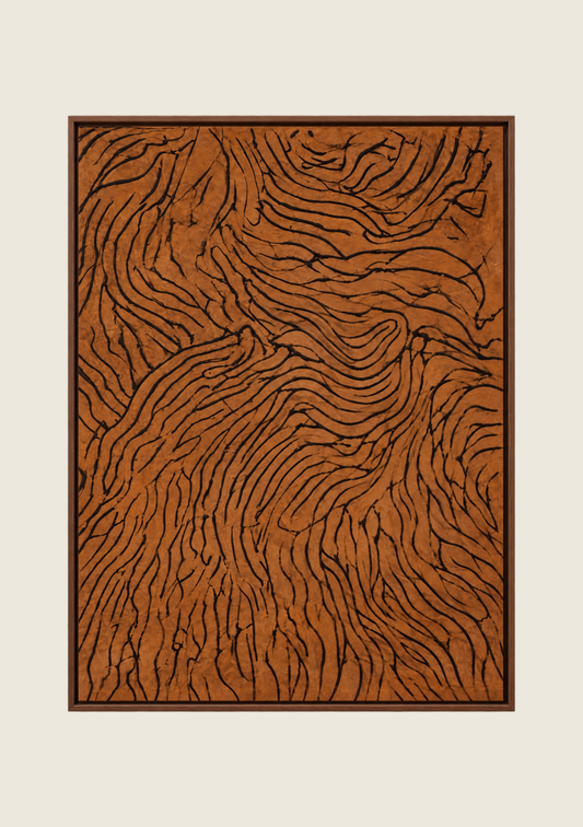 Terracotta Veins, a large textured abstract painting with flowing black lines on a warm rust-brown surface, framed in dark wood above a brown leather sofa.