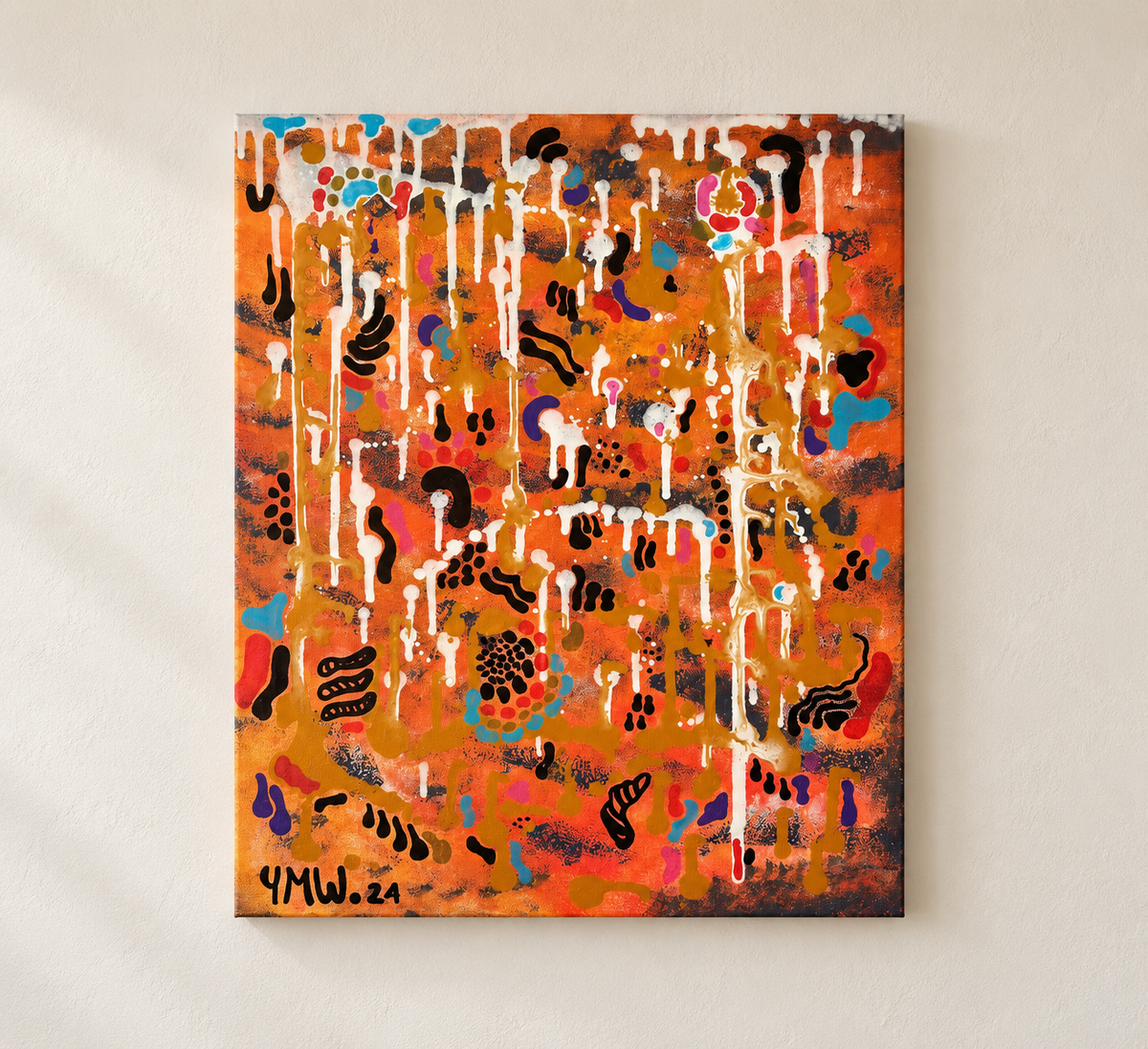 The busy Three, abstract contemporary orange original artwork by Yannick Weinberger, represented by Contemperart