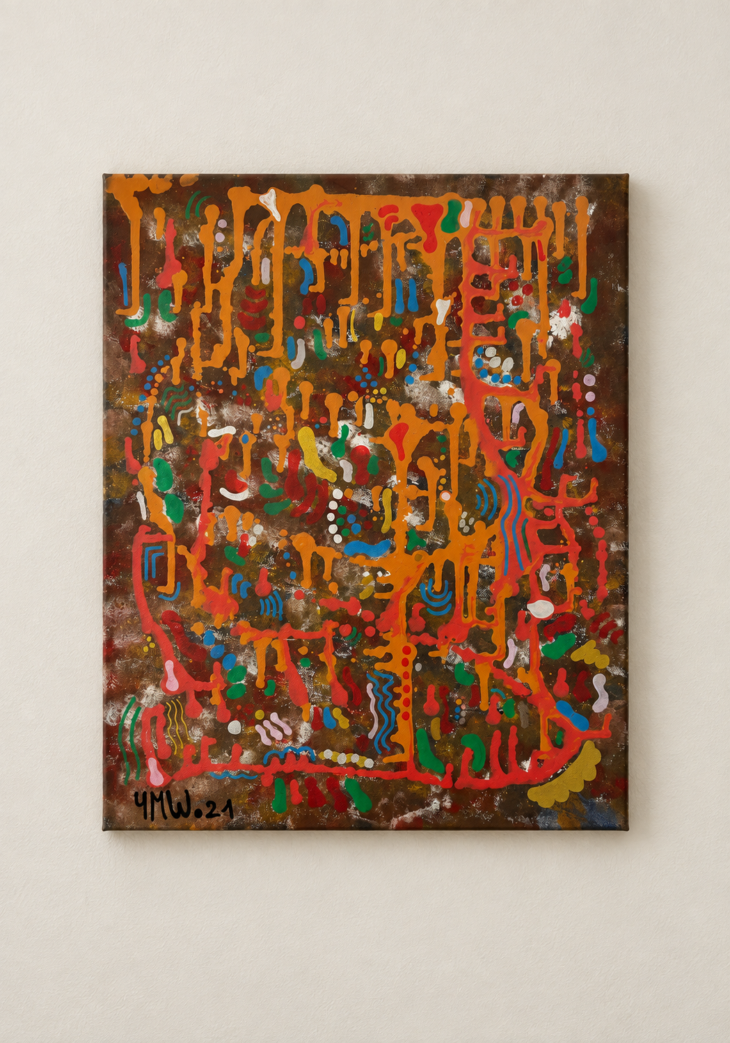 The busy Three, abstract contemporary orange brown and red original artwork by Yannick Weinberger, represented by Contemperart