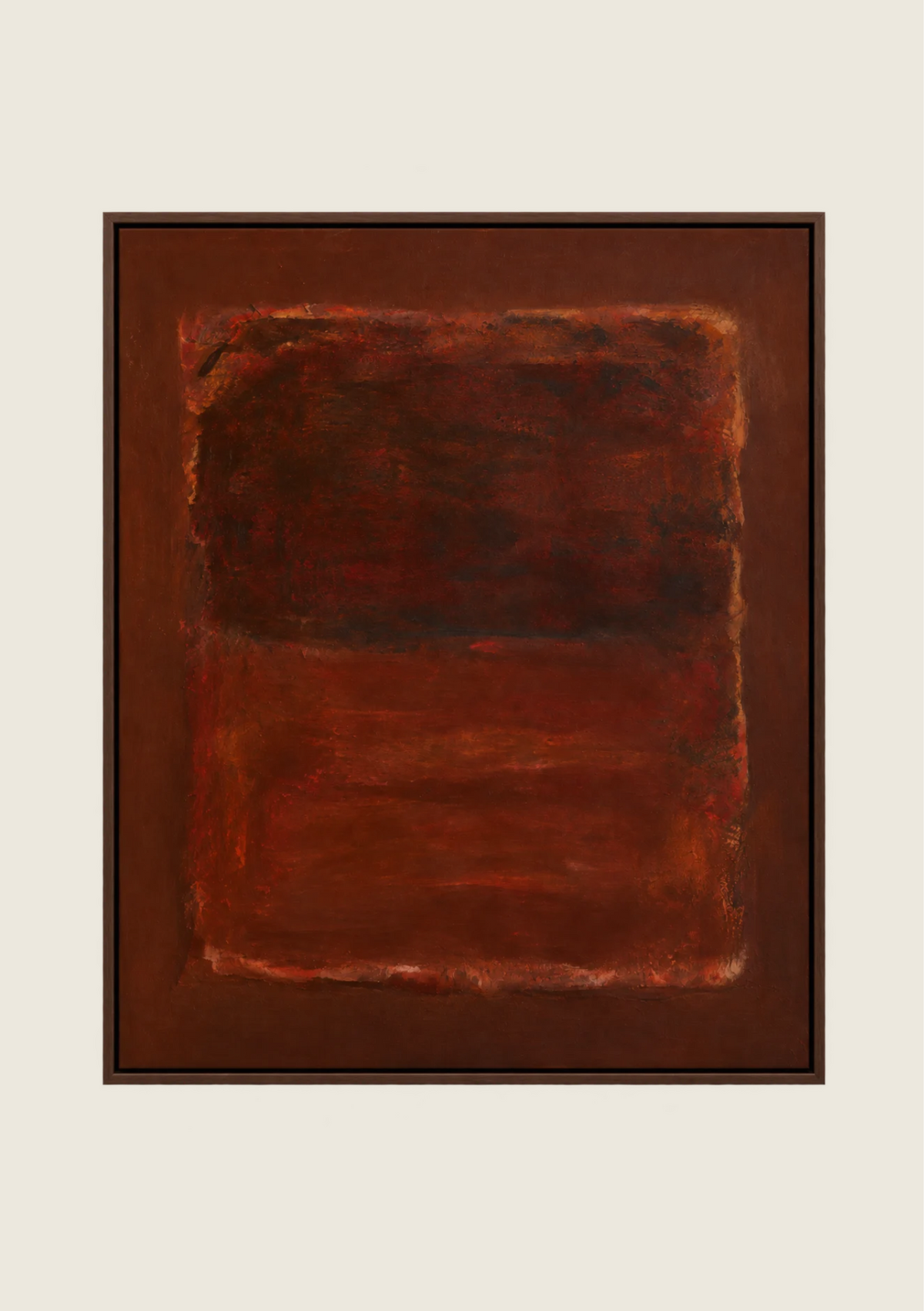 Umbre, a textured abstract painting in deep burgundy, rust red and burnt sienna, featuring a dark central composition with irregular layered edges.