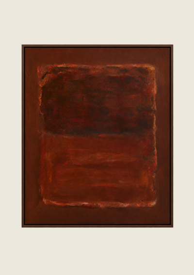 Umbre, a textured abstract painting in deep burgundy, rust red and burnt sienna, featuring a dark central composition with irregular layered edges.