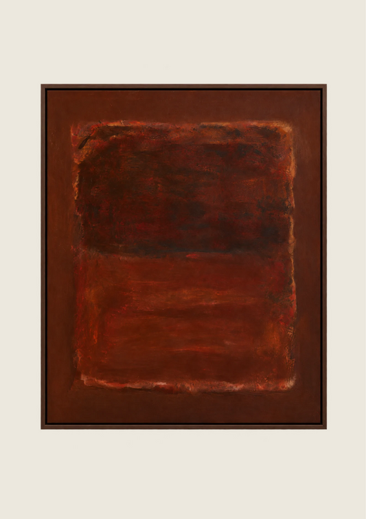 Umbre, a textured abstract painting in deep burgundy, rust red and burnt sienna, featuring a dark central composition with irregular layered edges.